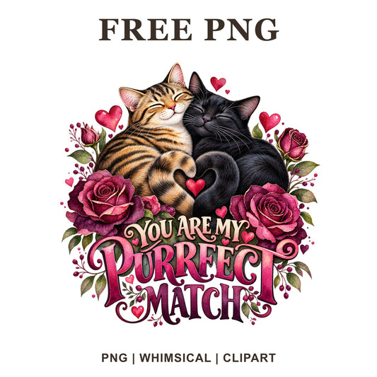 Whimsical Cat Couple Valentine Clipart PNG