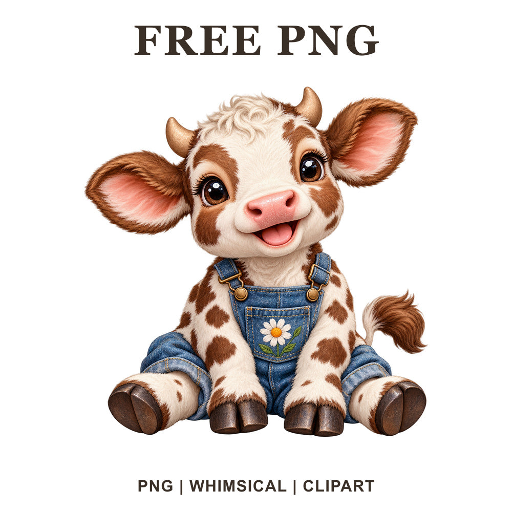 Whimsical Denim Overalls Cow Clipart PNG