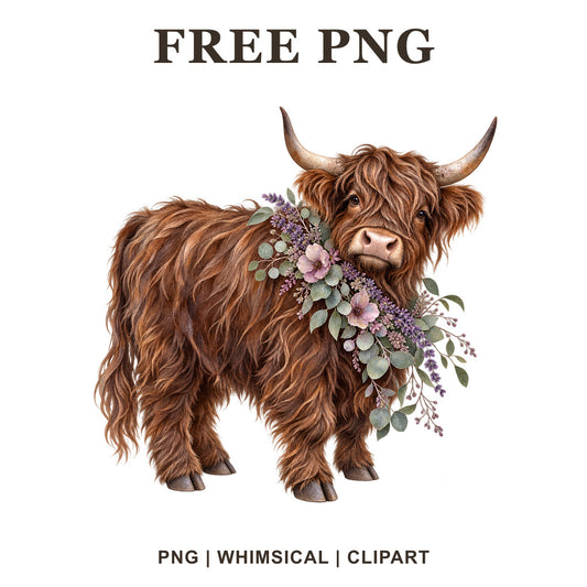 Whimsical Lavender Garden Highland Cow Clipart PNG