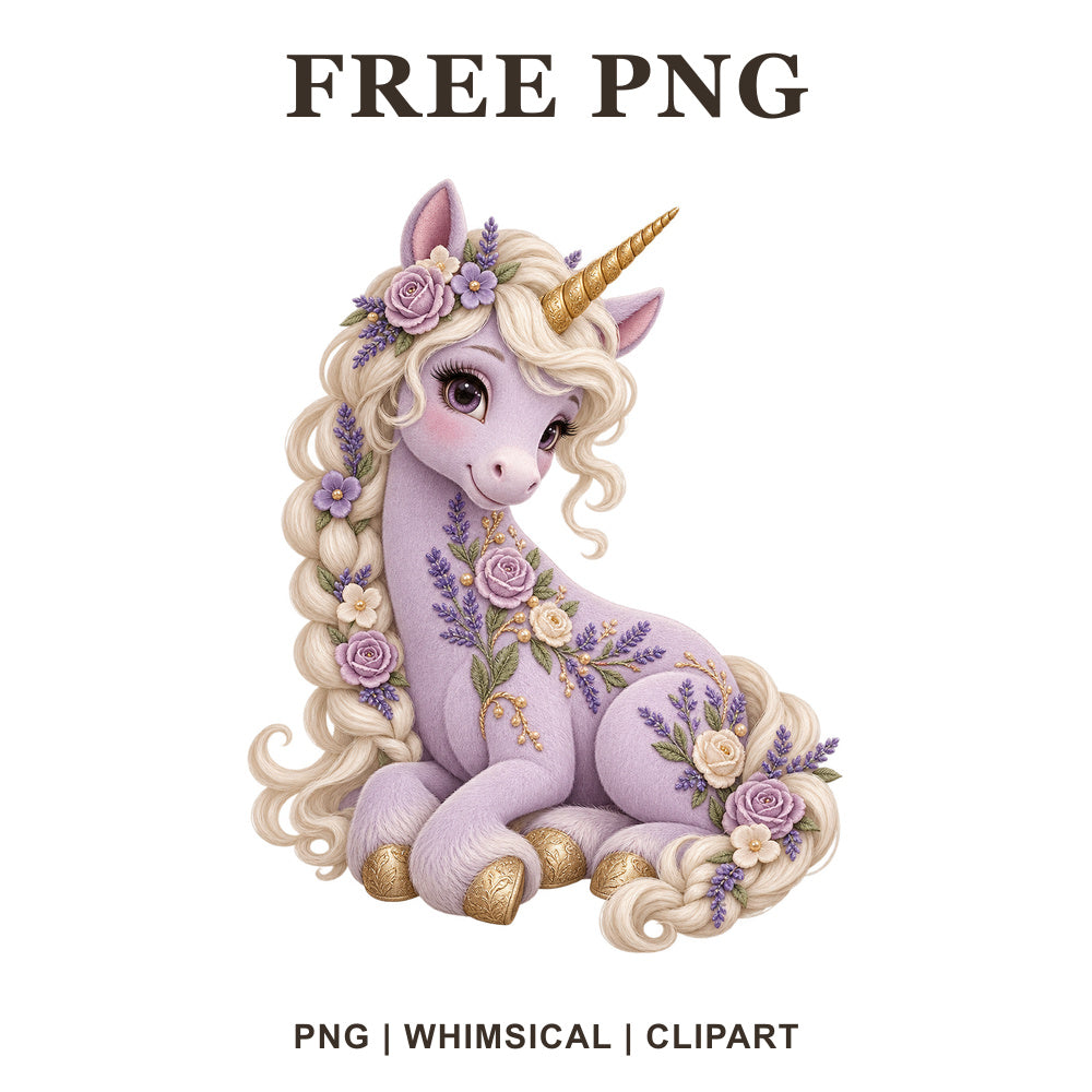 Whimsical Lavender Garden Unicorn Clipart PNG
