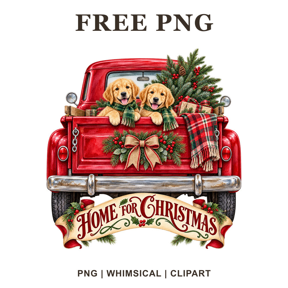 Whimsical Red Puppy Homecoming Christmas Truck Clipart PNG