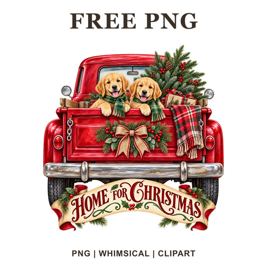 Whimsical Red Puppy Homecoming Christmas Truck Clipart PNG