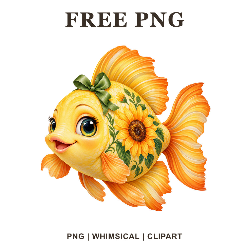 Whimsical Sunflower Yellow Fish Clipart PNG