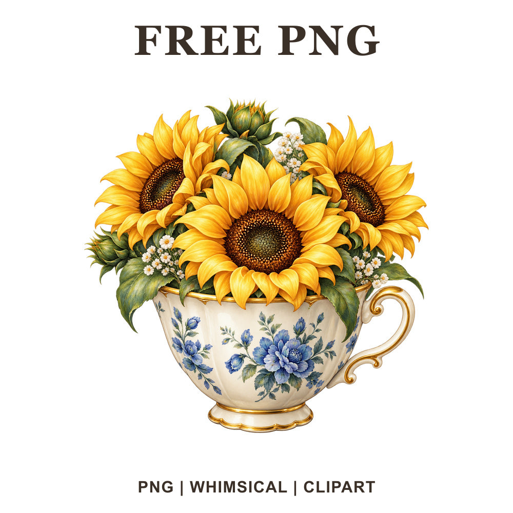 Whimsical Vintage Teacup Sunflower Clipart PNG