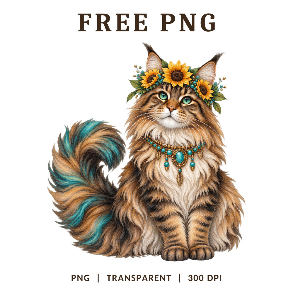 Maine Coon Cat Sunflower Crown Watercolor PNG-8SVG