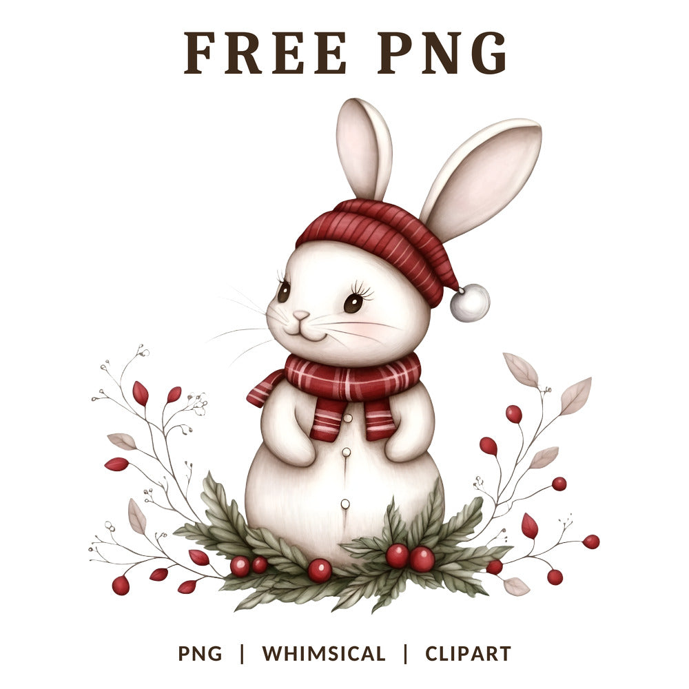 Whimsical Christmas Bunny Floral Wreath Clipart PNG