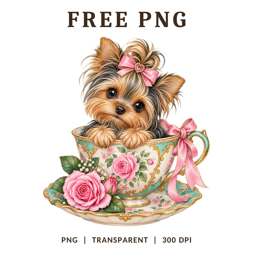 Yorkie Puppy Floral Teacup Pink Roses PNG-8SVG