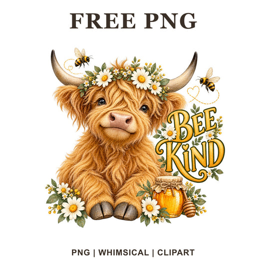 Whimsical Bee Kind Highland Cow Clipart PNG