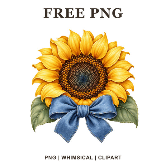 Whimsical Denim Bow Sunflower Clipart PNG