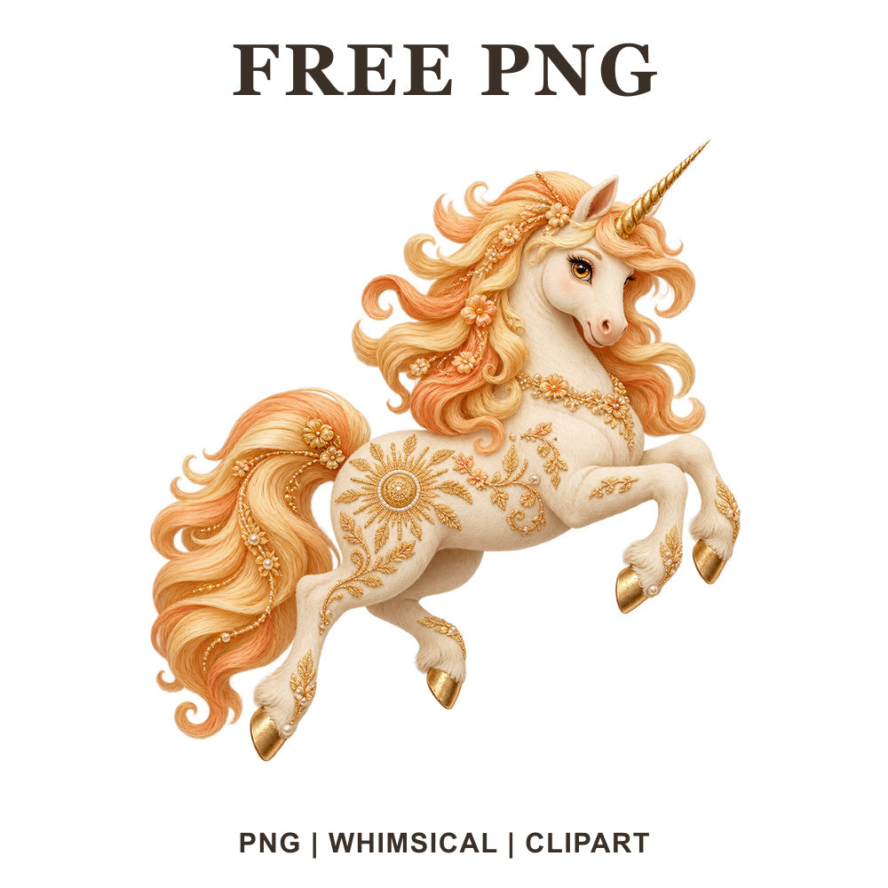 Whimsical Golden Sunrise Unicorn Clipart PNG