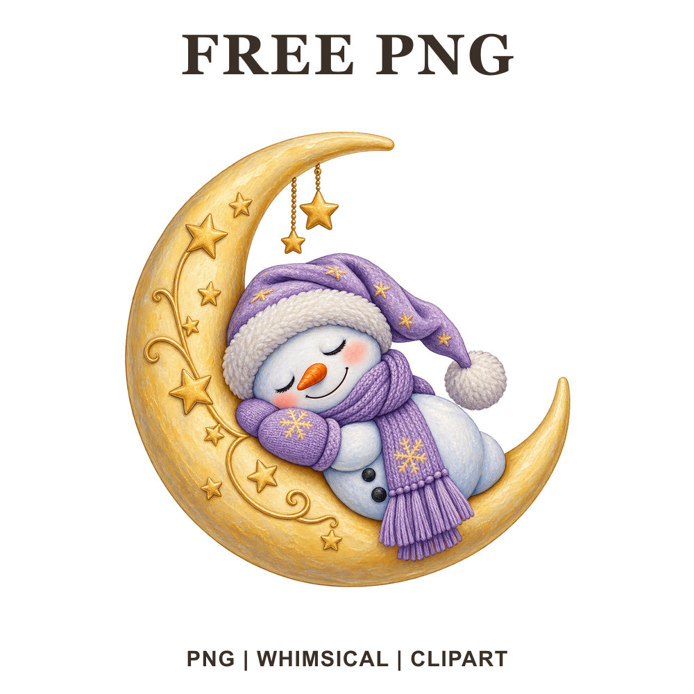 Whimsical Lavender Moon Snowman Clipart PNG