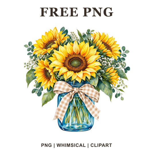 Whimsical Mason Jar Sunflower Clipart PNG