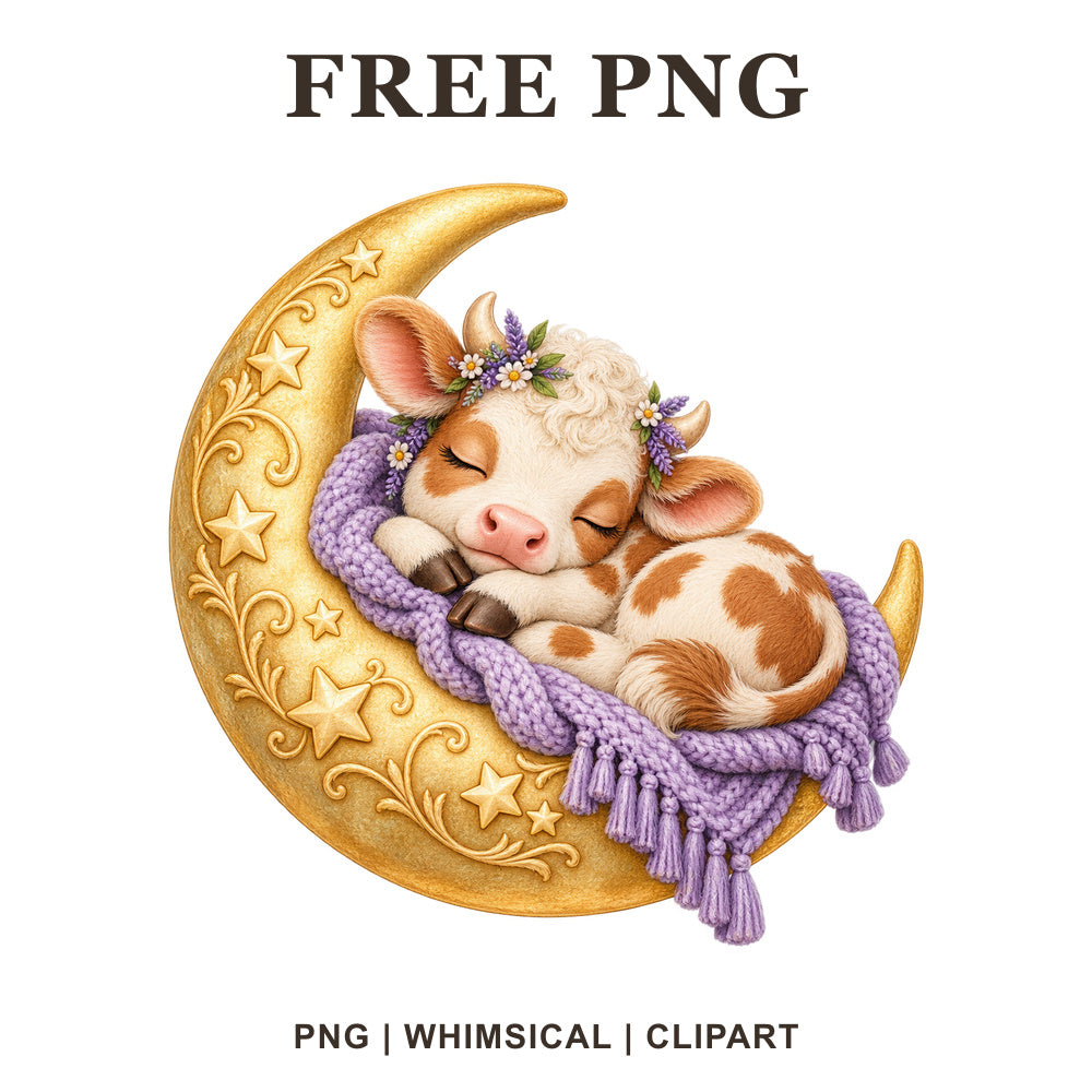 Whimsical Moon Dreamer Cow Clipart PNG