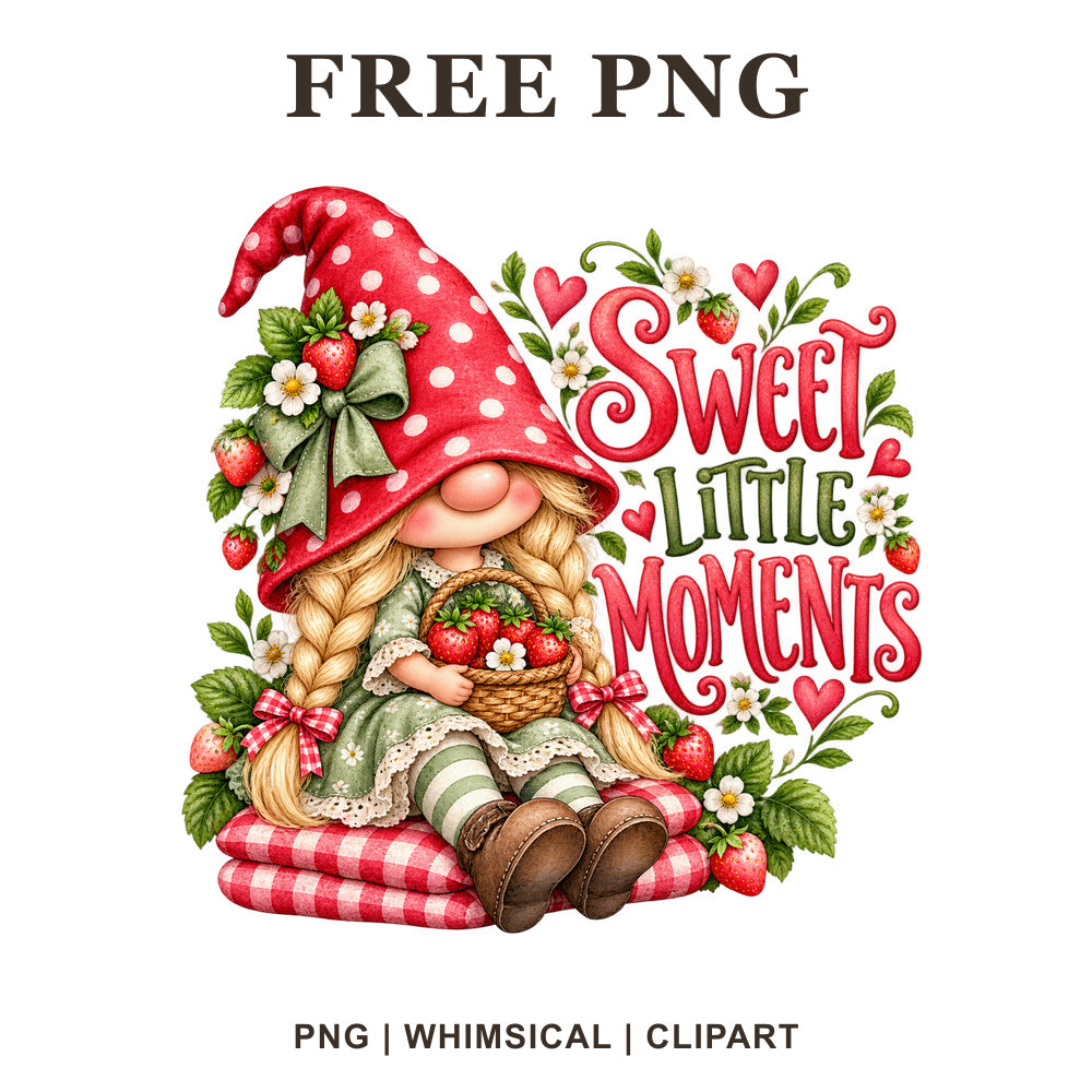 Whimsical Spring Strawberry Picnic Gnome Clipart PNG