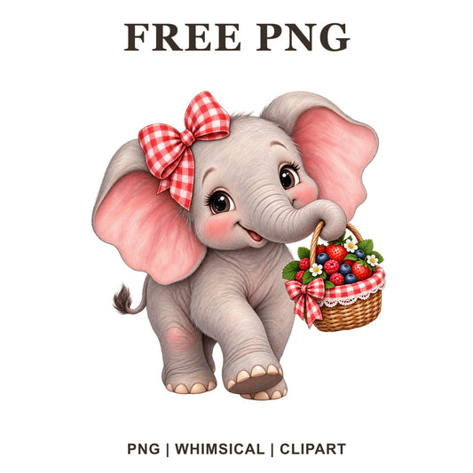 Whimsical Strawberry Bow Elephant Clipart PNG-8SVG