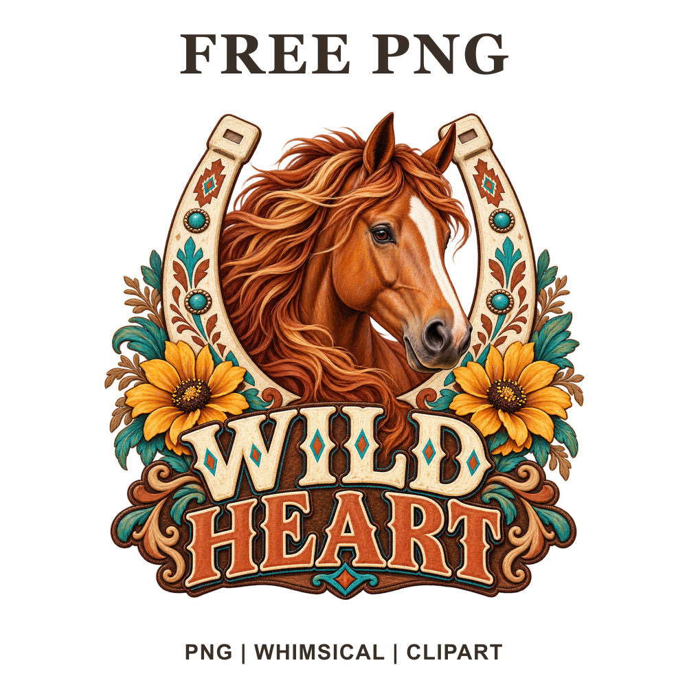 Whimsical Wild Heart Western Horse Clipart PNG