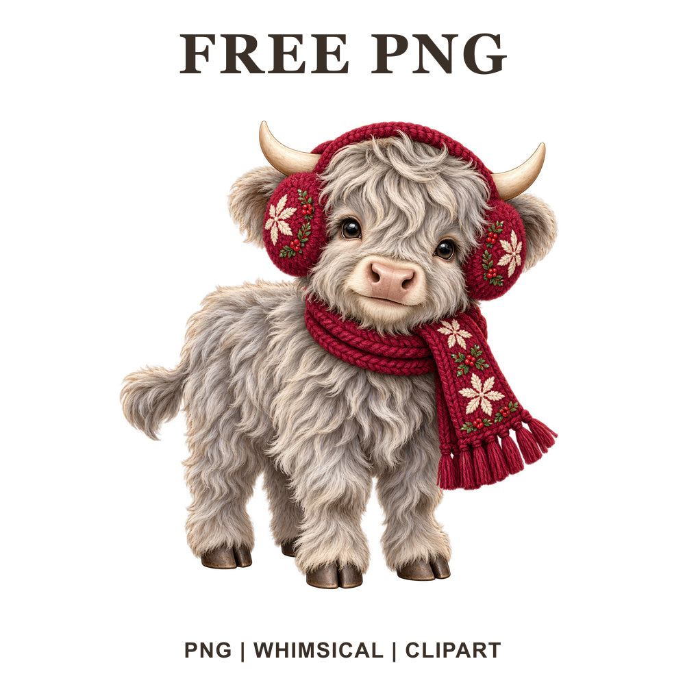 Whimsical Winter Highland Cow Clipart PNG