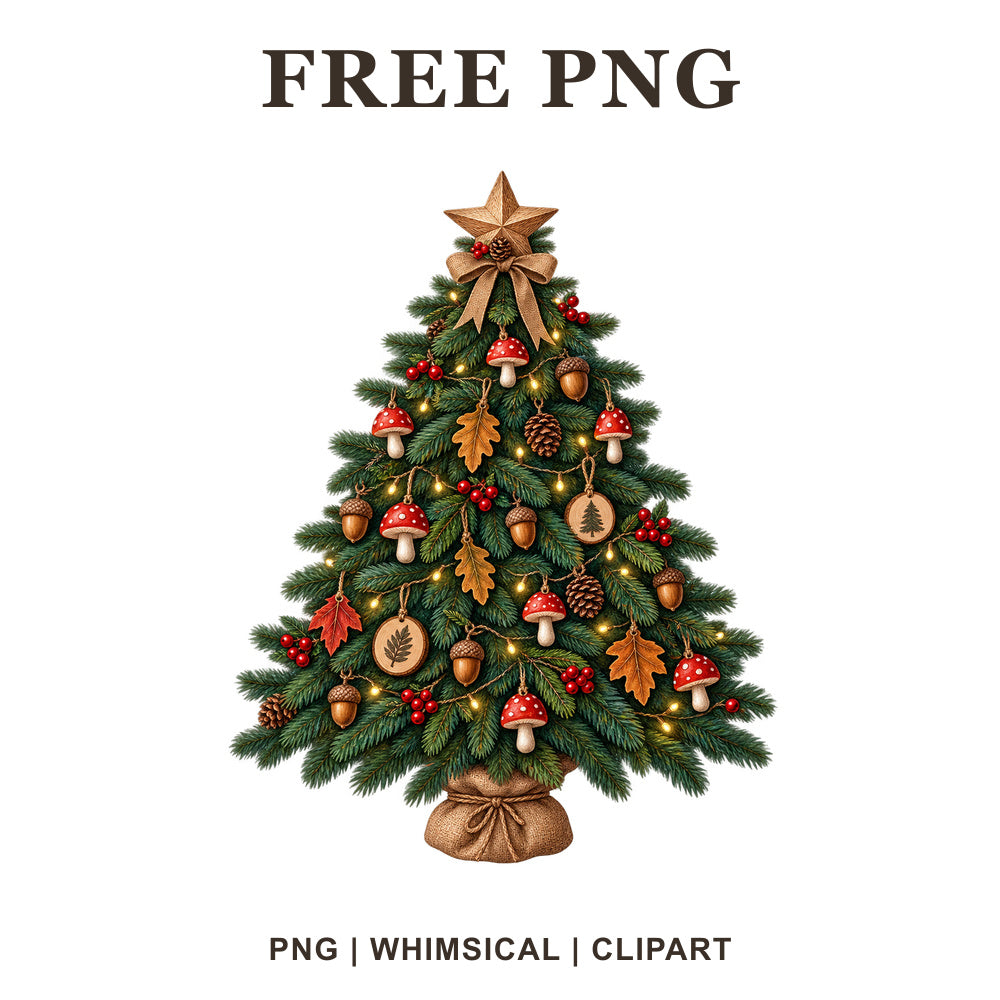 Whimsical Woodland Mushrooms Christmas Tree Clipart PNG
