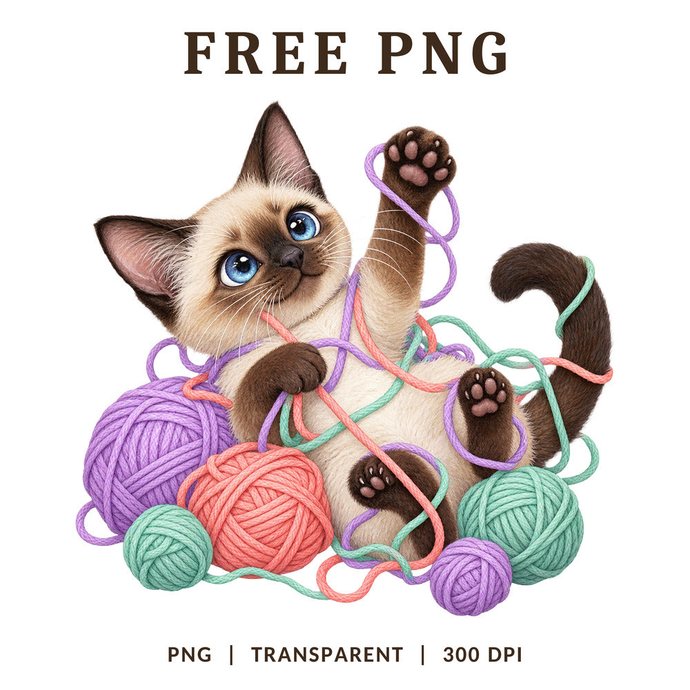Siamese Kitten Playing Yarn Balls PNG-8SVG