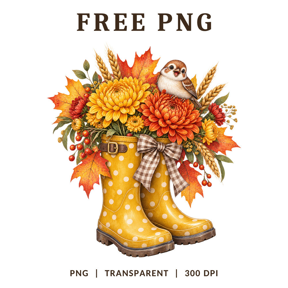 Yellow Rain Boots Autumn Flower Bouquet PNG-8SVG