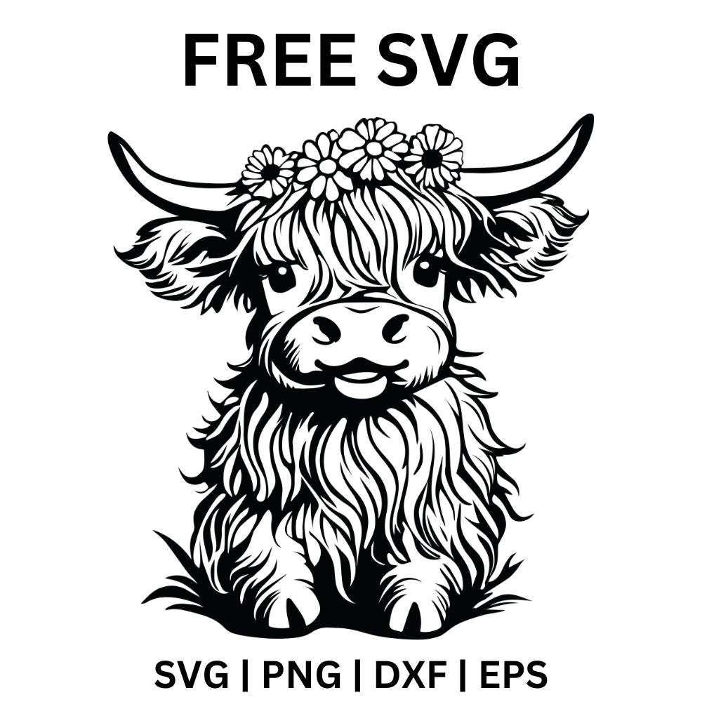 Highland Cow with Flower Crown SVG Free | Cute Boho Cow Design for Cricut & Silhouette