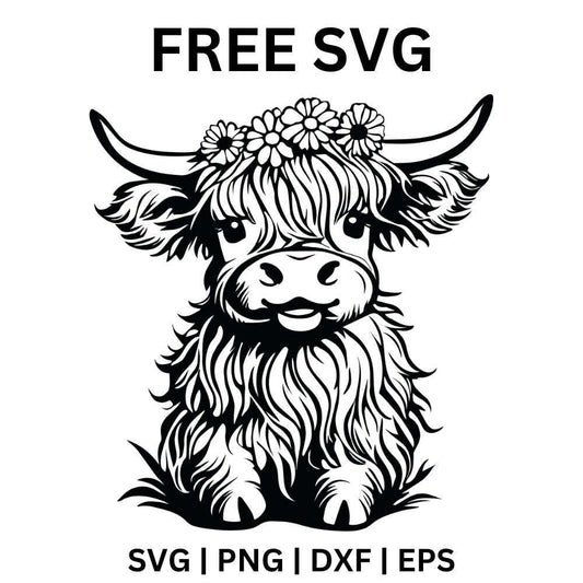 Highland Cow with Flower Crown SVG Free | Cute Boho Cow Design for Cricut & Silhouette