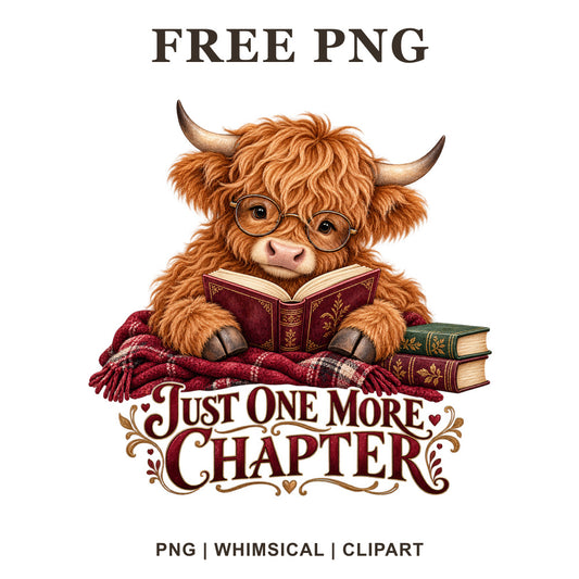 Whimsical Bookworm Cozy Highland Cow Clipart PNG