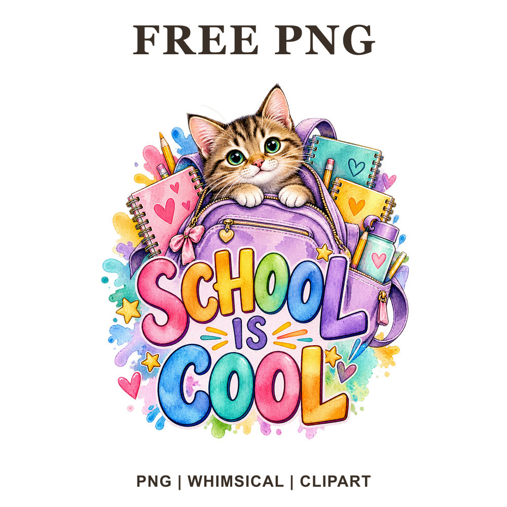Whimsical Cat Backpack Back To School Clipart PNG