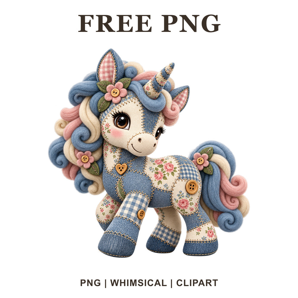 Whimsical Denim Patchwork Unicorn Clipart PNG