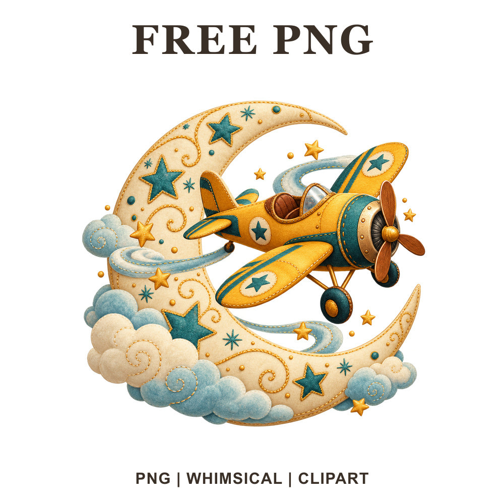 Whimsical Moon Flight Airplane Clipart PNG