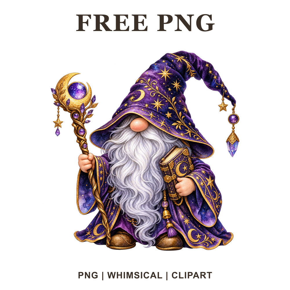 Whimsical Moonlight Celestial Wizard Gnome Clipart PNG