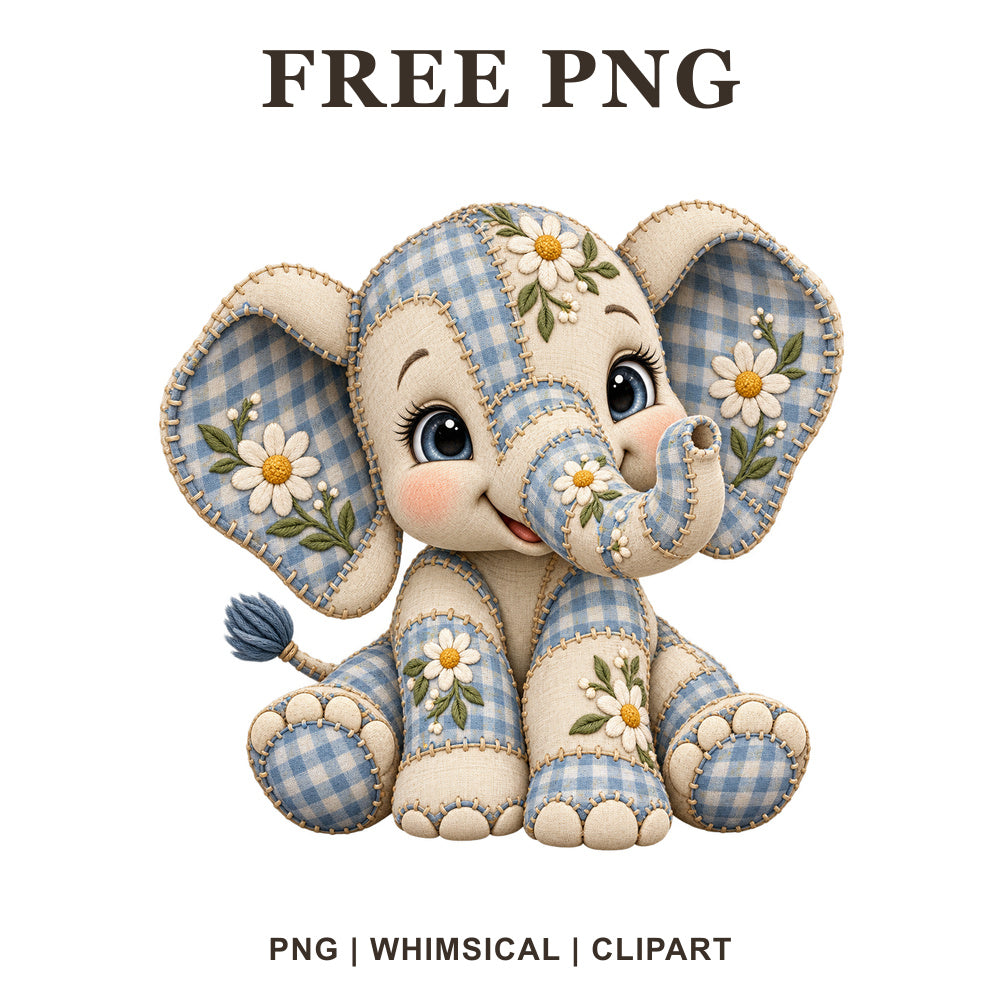 Whimsical Patchwork Blue Elephant Clipart PNG-8SVG