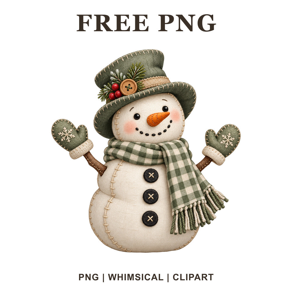 Whimsical Patchwork Linen Snowman Clipart PNG
