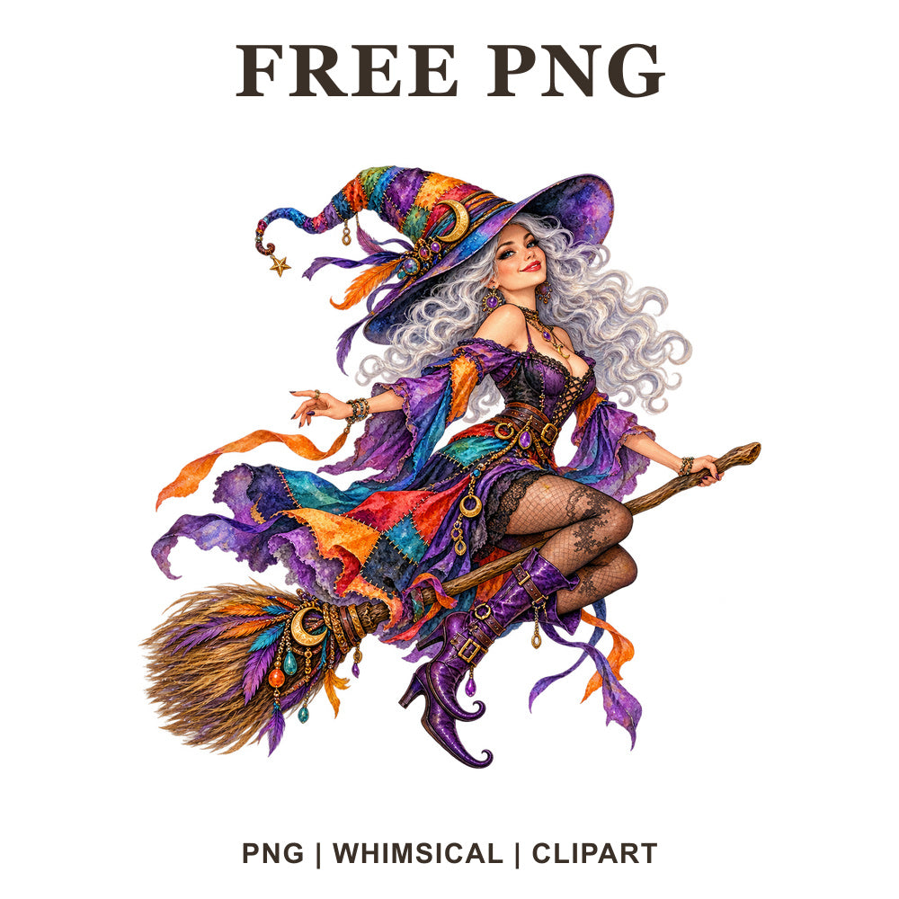 Whimsical Rainbow Witch Clipart PNG