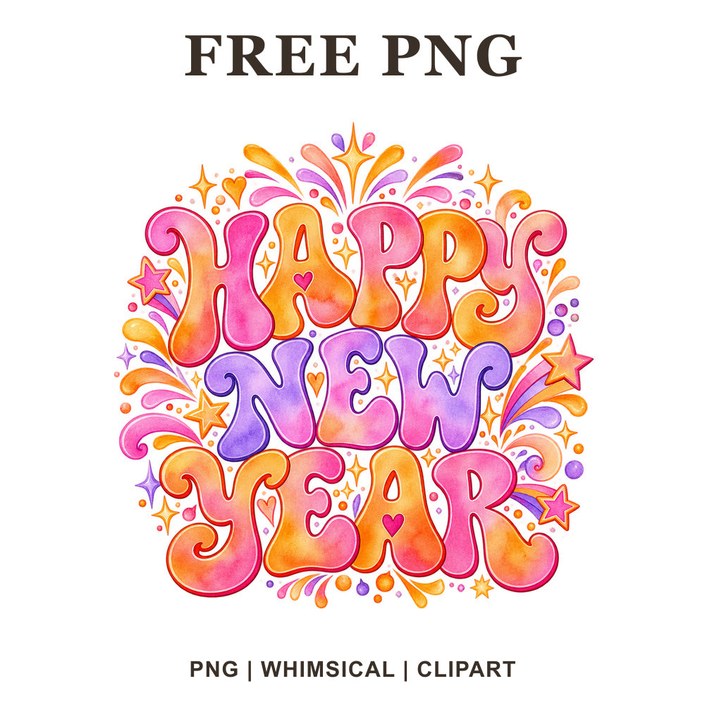 Whimsical Retro Happy New Year Clipart PNG