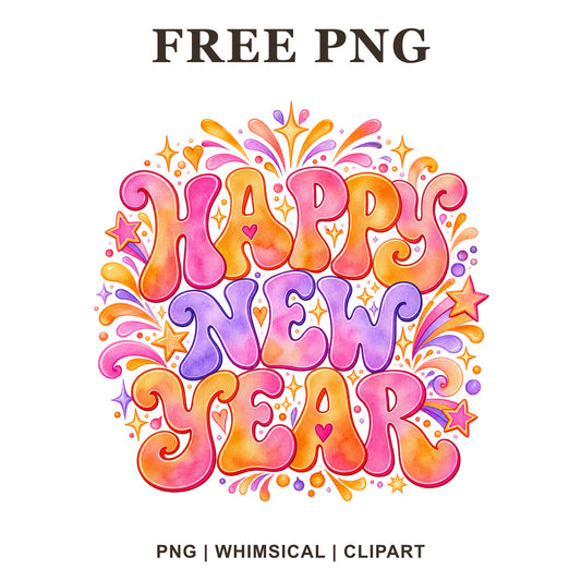 Whimsical Retro Happy New Year Clipart PNG