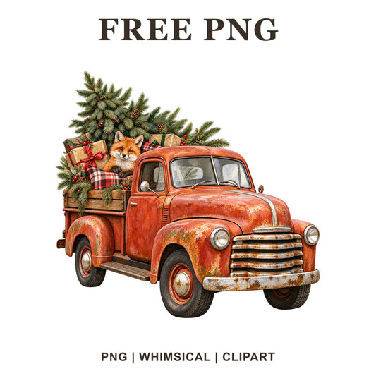 Whimsical Rustic Woodland Fox Christmas Truck Clipart PNG