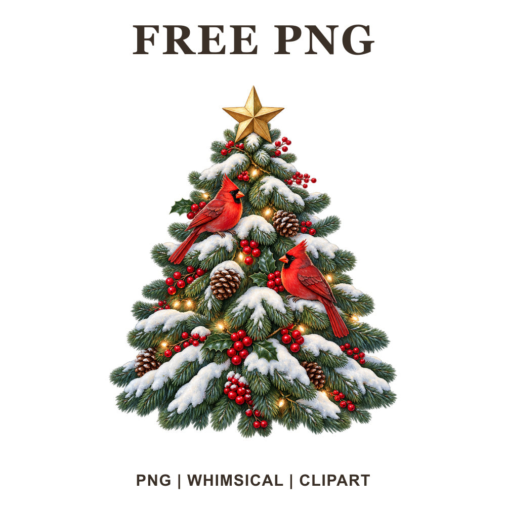 Whimsical Snowy Cardinals Christmas Tree Clipart PNG