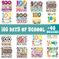 100 Days of School SVG bundle collage with colorful number 100 designs, footballs, a soccer ball and kindergarten sayings