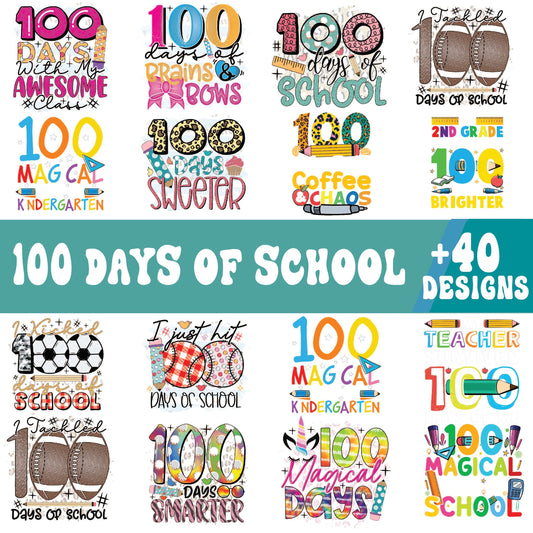 100 Days of School SVG bundle collage with colorful number 100 designs, footballs, a soccer ball and kindergarten sayings