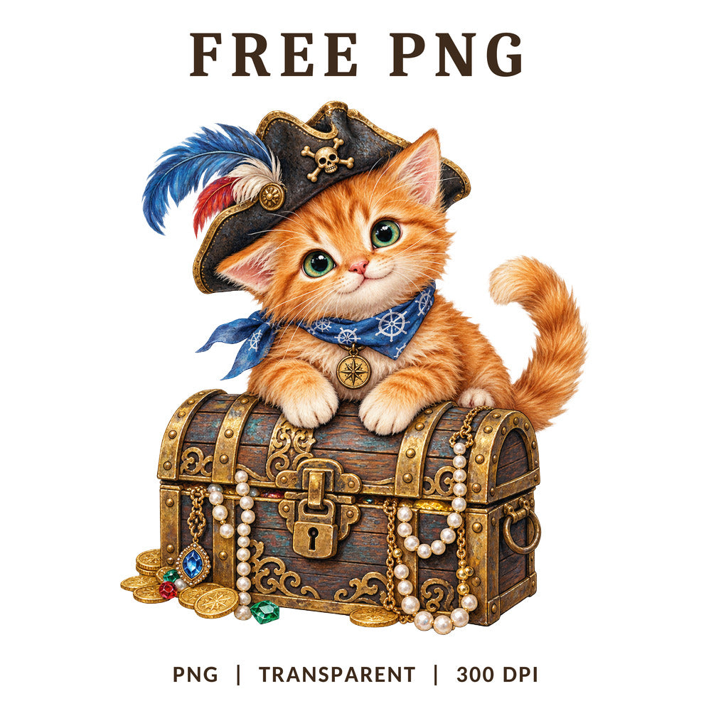 Pirate Cat Treasure Chest Tricorn Hat PNG-8SVG
