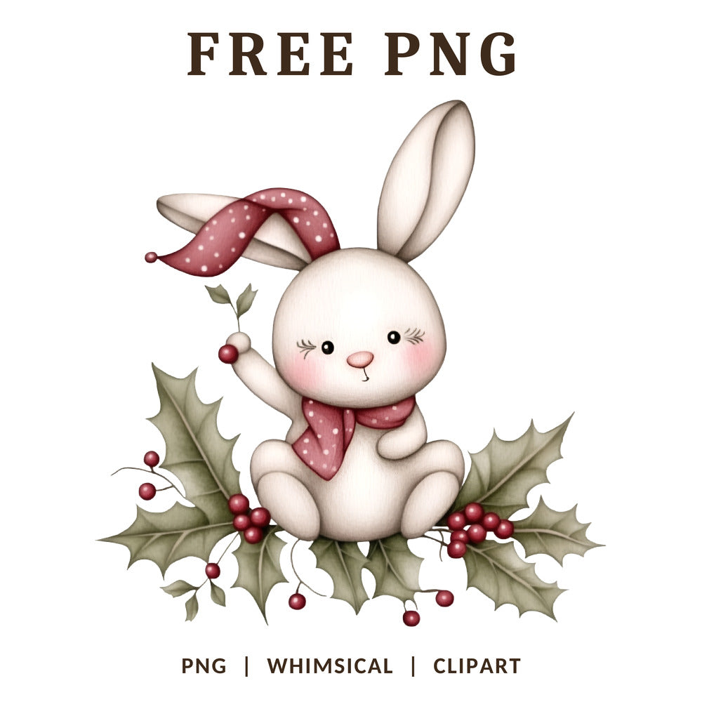 Whimsical Christmas Bunny Holly Leaves Clipart PNG