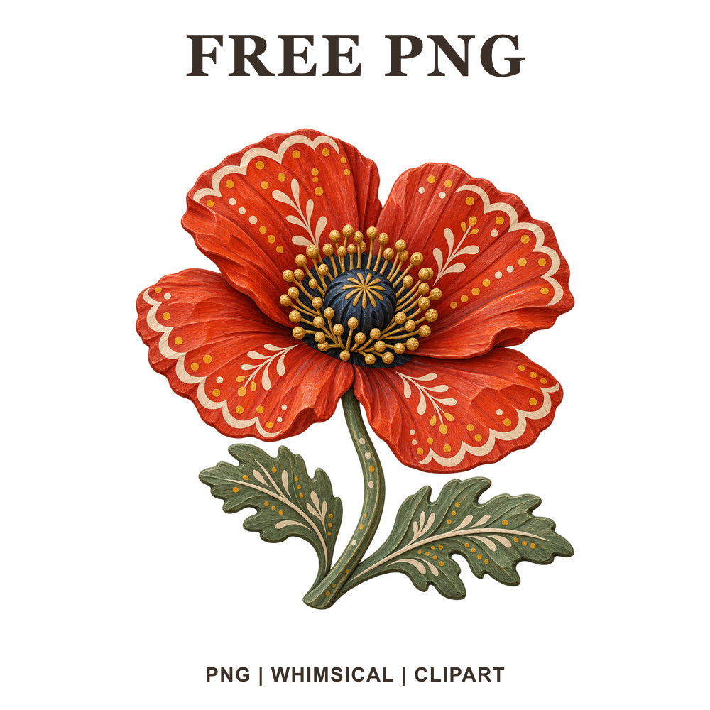 Whimsical Folk Painted Poppy Clipart PNG