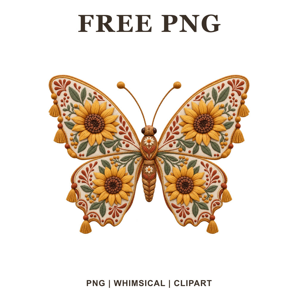 Whimsical Sunflower Boho Butterfly Clipart PNG