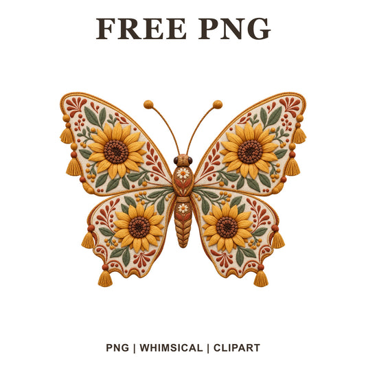 Whimsical Sunflower Boho Butterfly Clipart PNG