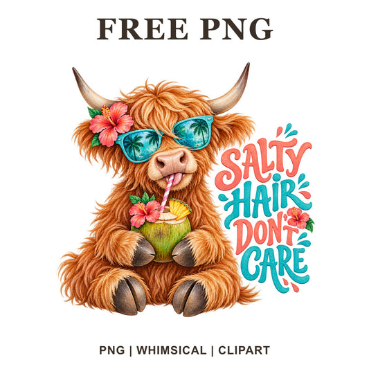 Whimsical Beach Vacation Highland Cow Clipart PNG