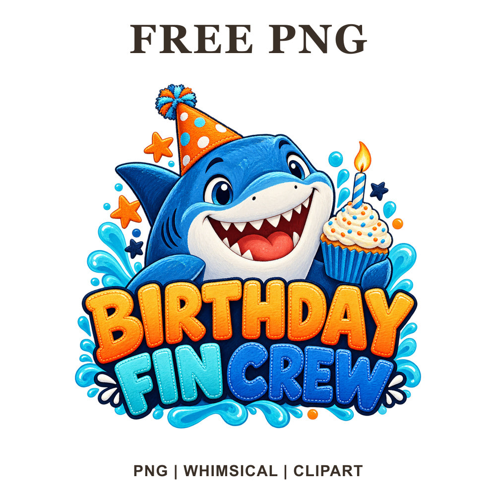 Whimsical Birthday Fin Crew Shark Clipart PNG