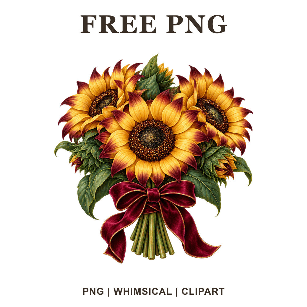 Whimsical Burgundy Gold Sunflower Clipart PNG