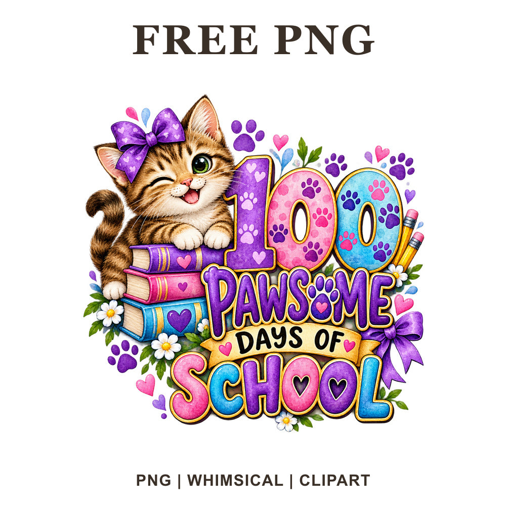 Whimsical Cat Pawsome 100 Days Of School Clipart PNG