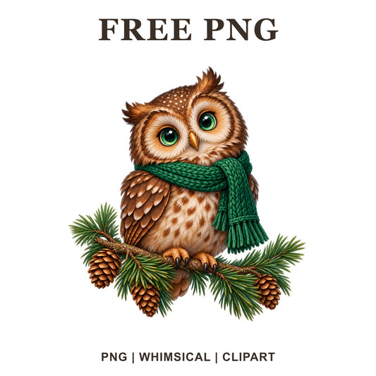 Whimsical Evergreen Scarf Owl Clipart PNG